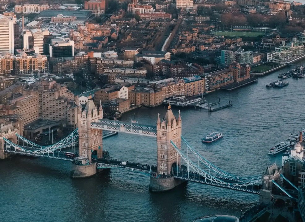 An aerial view of the London Tower Bridge.